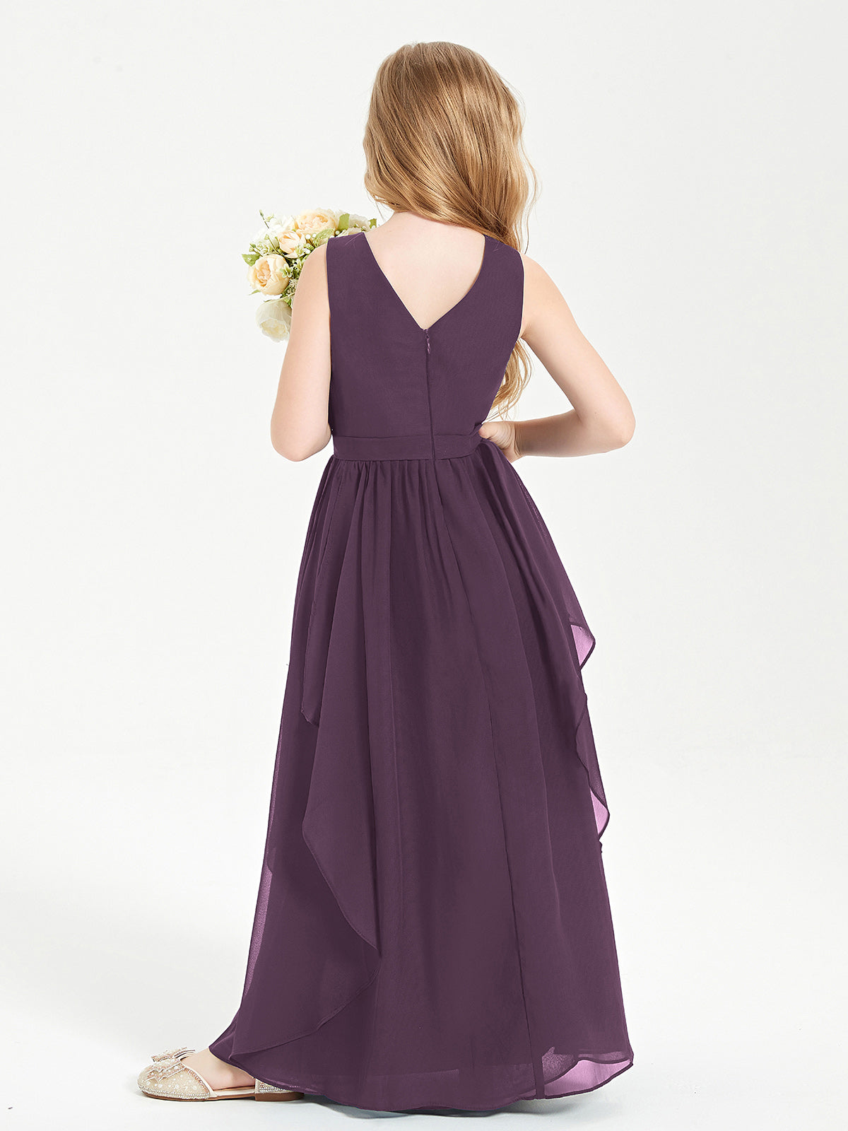 Boho Sleeveless Junior Chiffon Bridesmaids Gown Plum